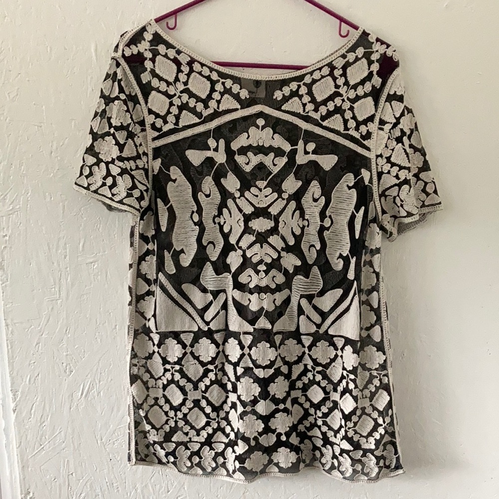 EUC Everleigh Anthropologie Sheer Embroidered Top